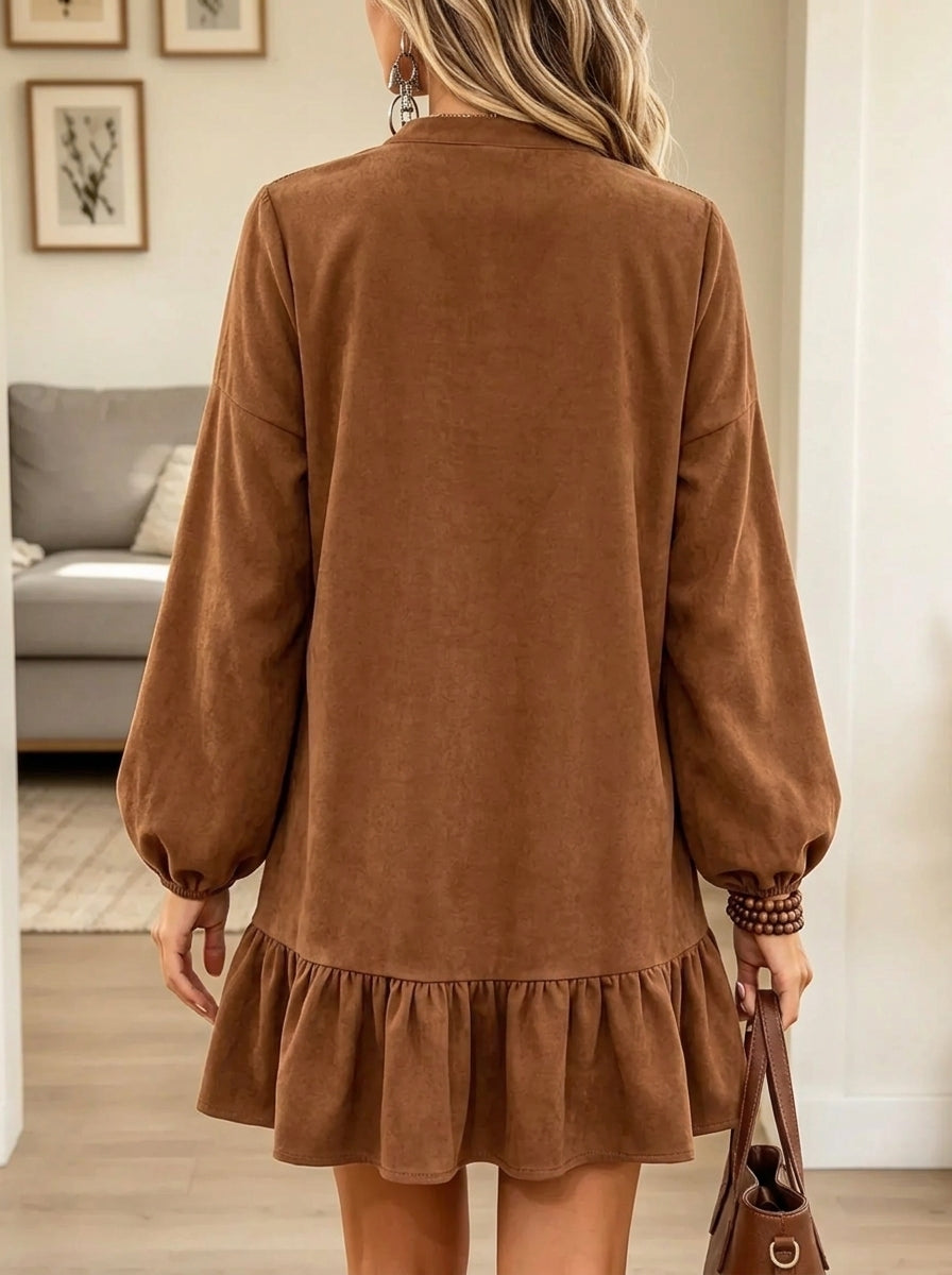Women's Half-Zip Ring Pull Suede Babydoll Dress