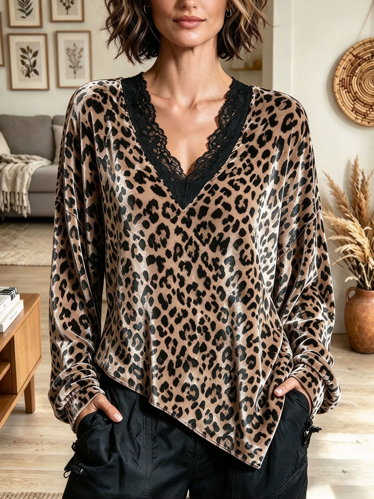 Women's Brown Leopard Print Velvet Top with Black Lace V-Neck Trim
