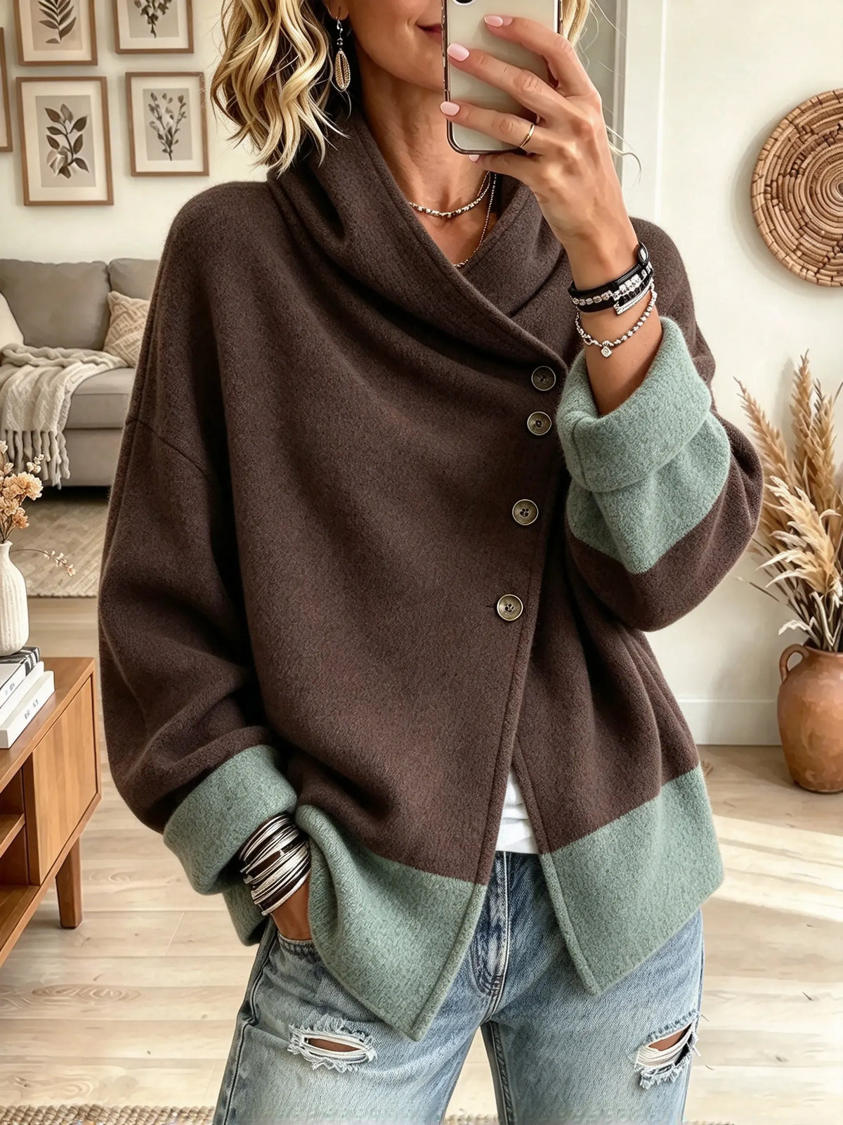 Women's Asymmetric Cowl Neck Colorblock Coat