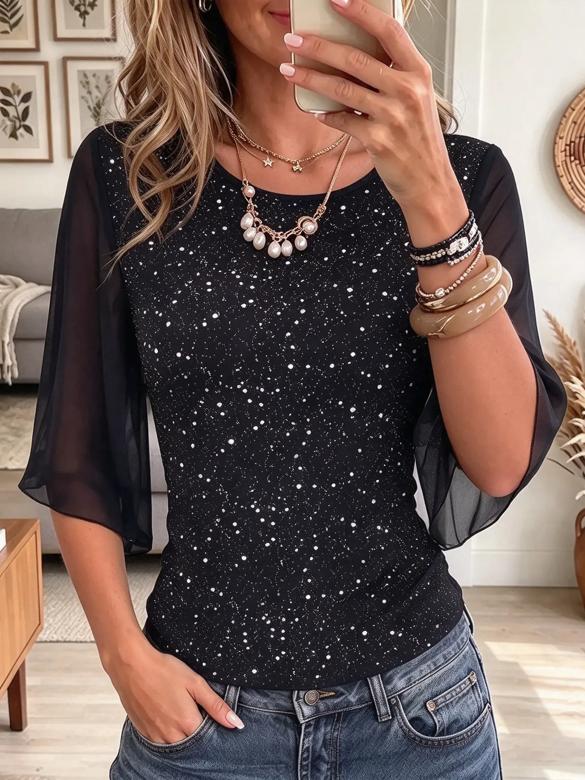Women's Sequin Sheer Mesh Puff Sleeve Top