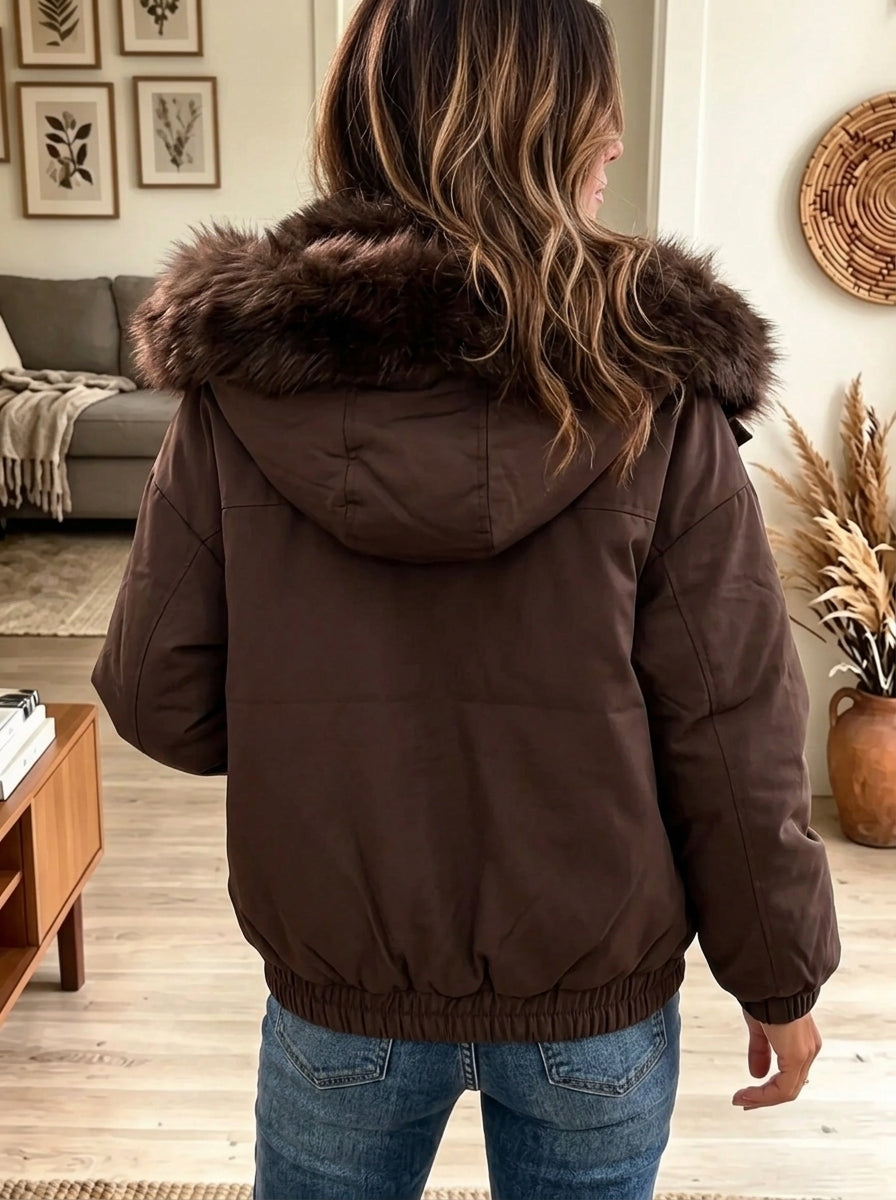 Women's Faux Fur Hooded Zip-Up Bomber Jacket