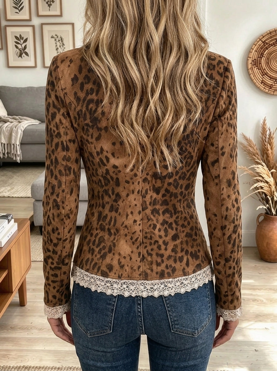 Women's Leopard Zip-Front Suede Jacket
