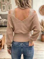 Women's Lace Panel Crisscross V-Neck Sweater