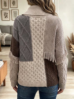 Women's Multicolor Patchwork Cable Knit Turtleneck Sweater with Fringe Trim