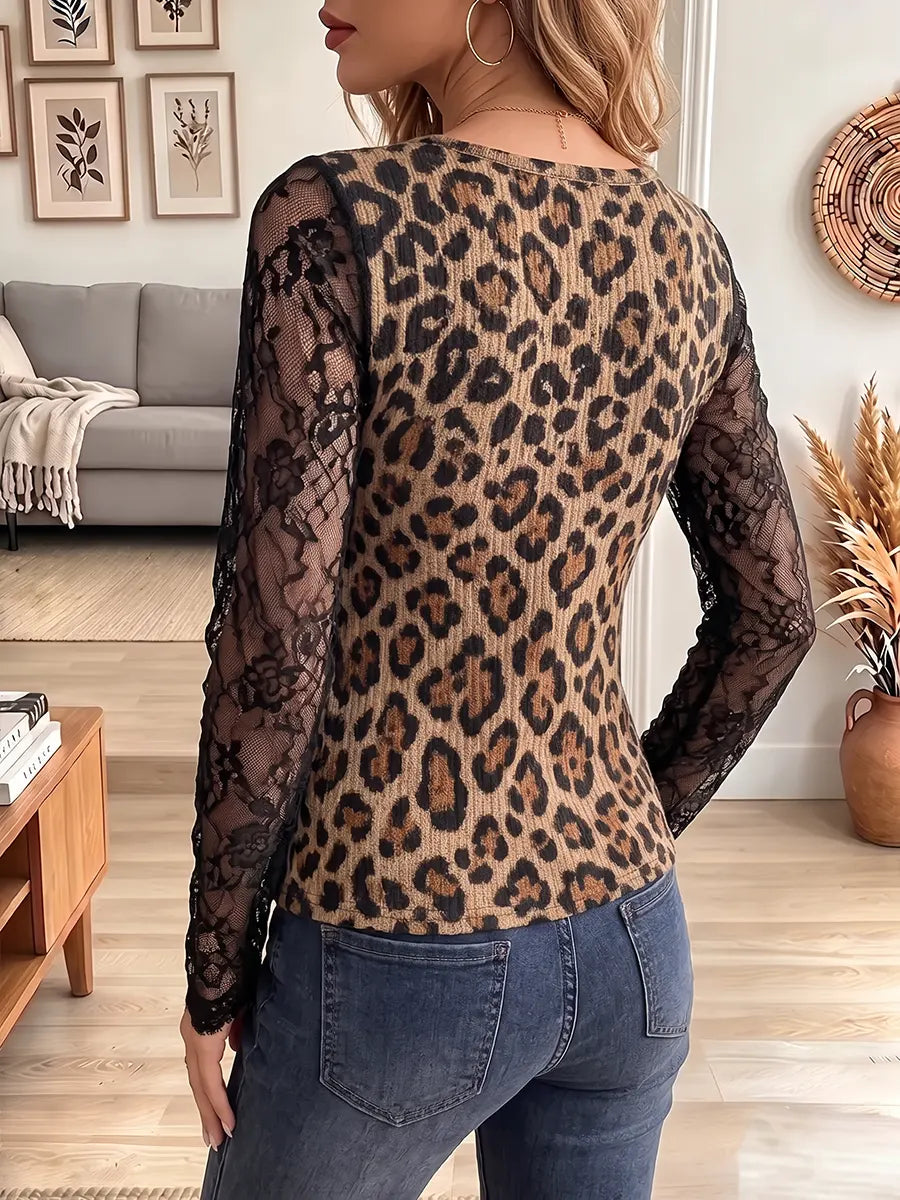 Vintage Elegant Leopard Patchwork Sheer Lace Shirt