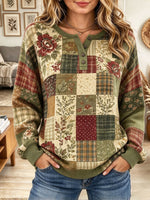 Women's Vintage Floral and Plaid Patchwork Henley Sweatshirt