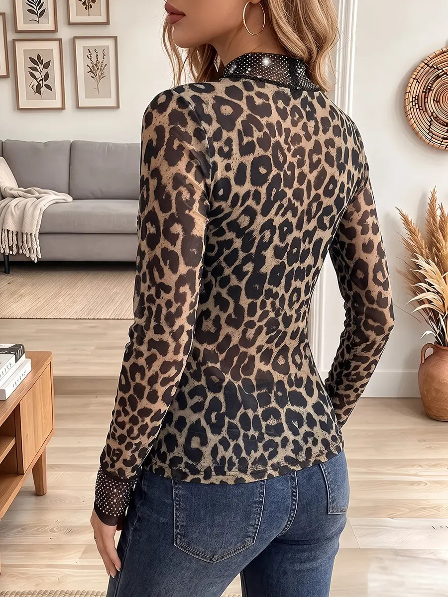Vintage Elegant Leopard Patchwork Sheer Mesh Sparkling Shirt