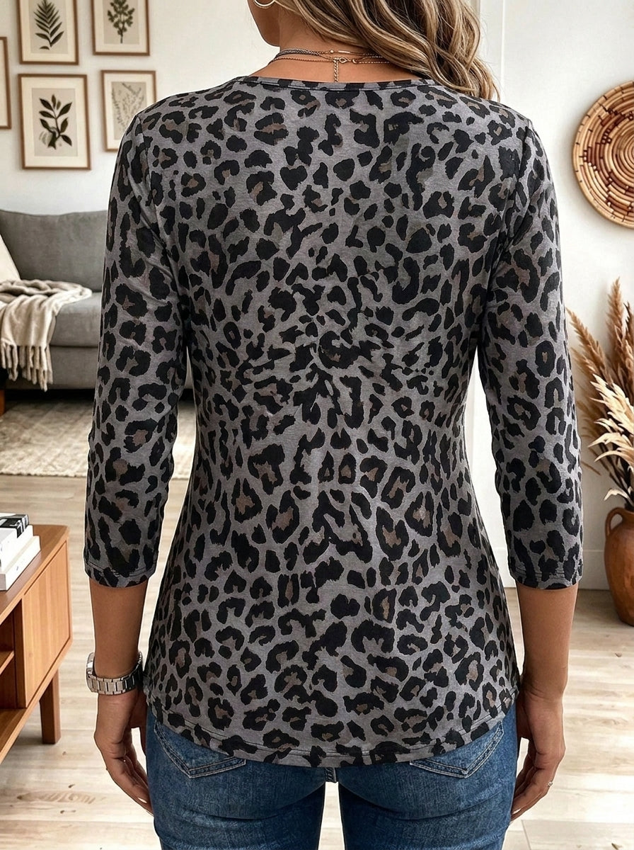 Women's Grey and Black Leopard Print V-Neck Twist Front Long Sleeve Top